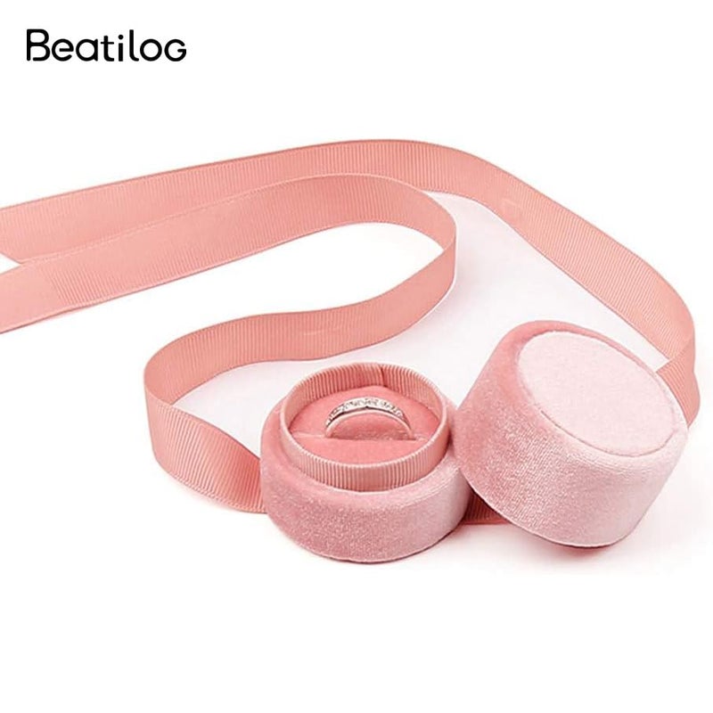 Beatilog Velvet Ring Box - Gorgeous Round Wedding Ring Box with Elegant Ribbon Bow Vintage Jewelry Holder Gift Organizer for Proposal, Engagement, Ceremony, Photography (Pink Small) - Image 2
